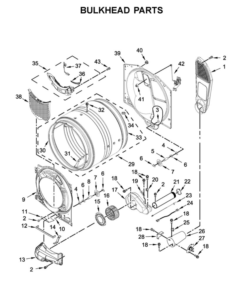 Bulkhead Parts Diagram and Parts List for 8TMGD6630HW0  Maytag Dryer