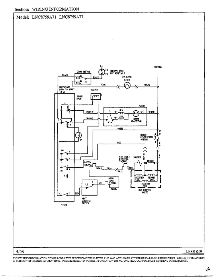 Wiring Information Diagram and Parts List for LNC-8759A77  Maytag Dryer