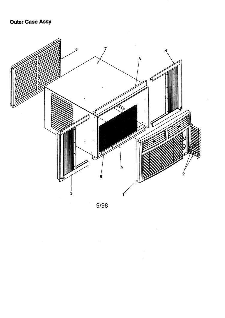 Outer Case Assembly Diagram and Parts List for RC05890A1D PRC05890A1DB Amana Air Conditioner