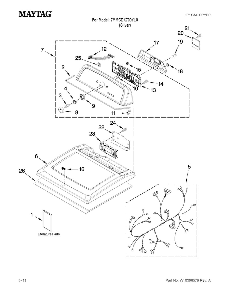 Top And Console Parts Diagram and Parts List for 7MMGDX700YL0  Maytag Dryer