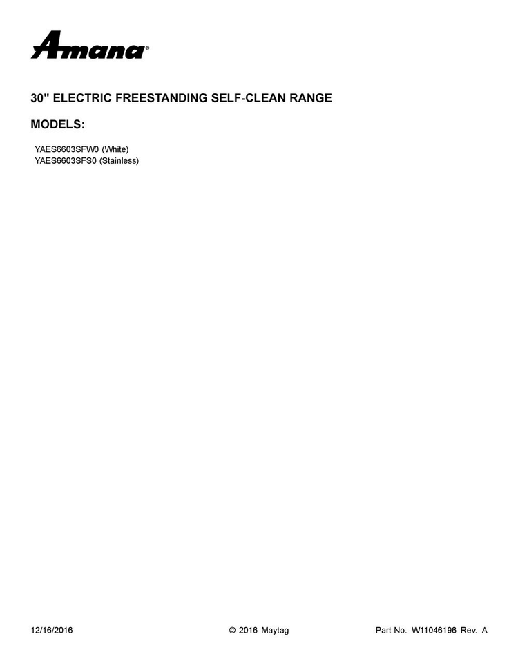 Cover Sheet Diagram and Parts List for YAES6603SFW0  Amana Range