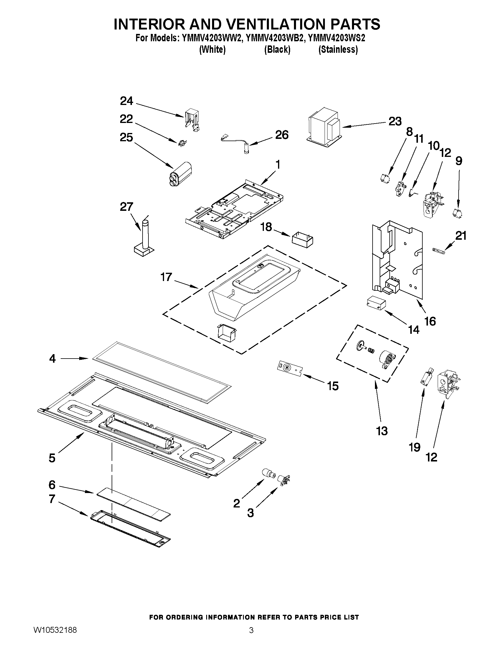 03 - INTERIOR AND VENTILATION PARTS Diagram and Parts List for YMMV4203WS2  Maytag Microwave Oven Combo