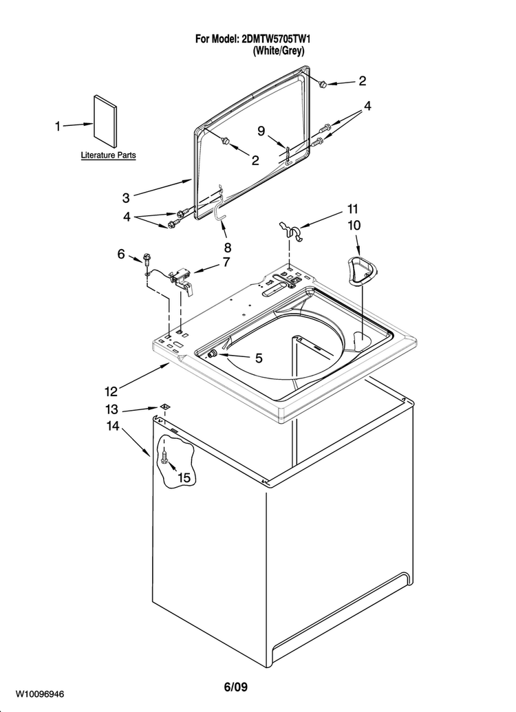 Top And Cabinet Parts Diagram and Parts List for 2DMTW5705TW1  Maytag Washer