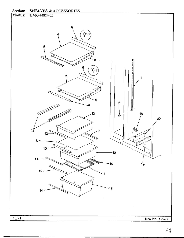Shelves And Accessories Diagram and Parts List for 24824-0A  Admiral Refrigerator