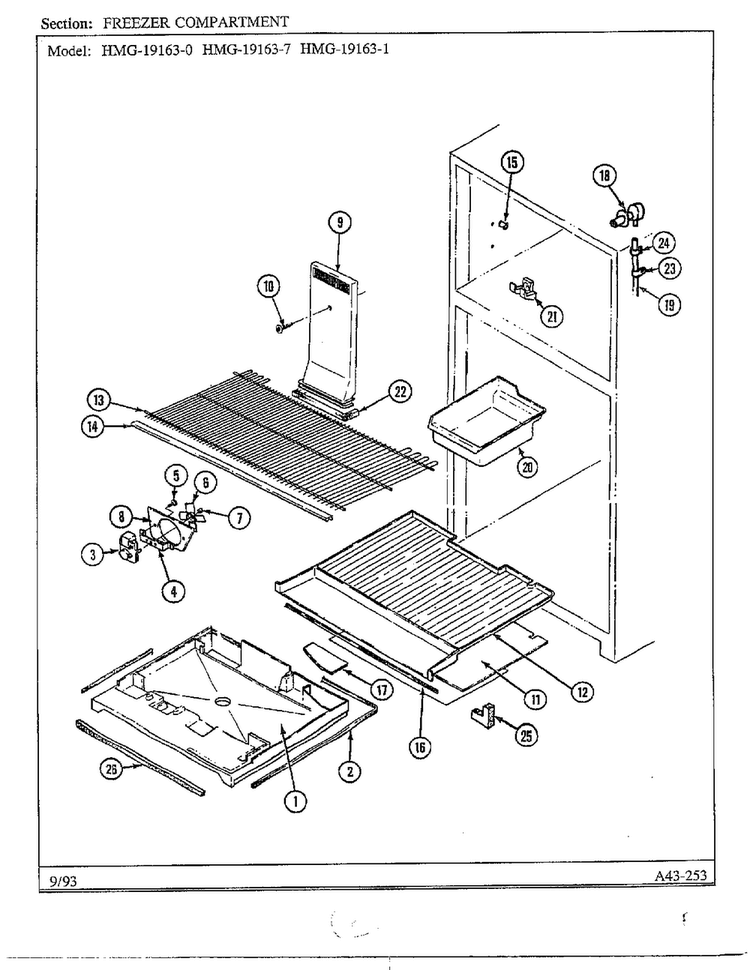 Freezer Compartment Diagram and Parts List for 19163-0A  Admiral Refrigerator