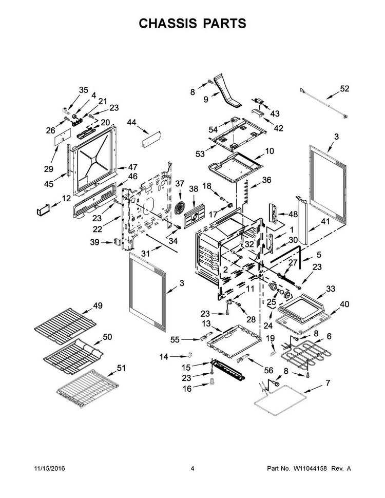 Chassis Parts Diagram and Parts List for JDS1750EP1  Jenn-Air Range