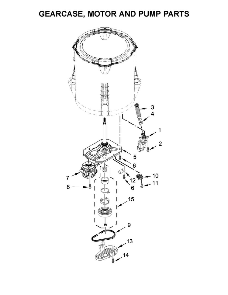Gearcase, Motor And Pump Parts Diagram and Parts List for MAT20PDAWW0  Maytag Washer