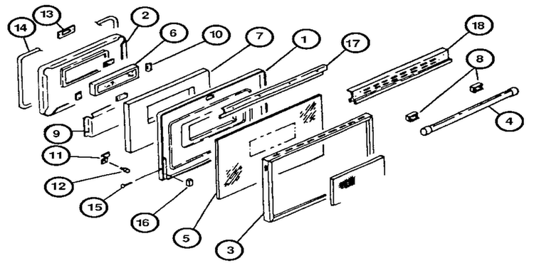 Oven Door Assembly Diagram and Parts List for RST378NW  Caloric Range
