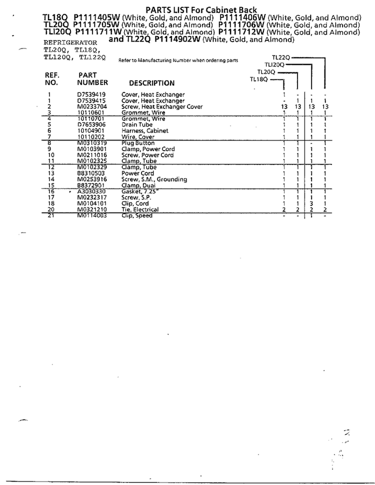 Cabinet Back Page 2 Diagram and Parts List for TL120Q  Amana Refrigerator