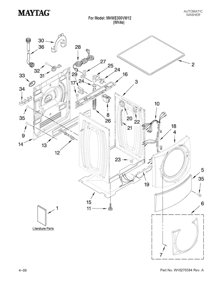 Top And Cabinet Parts Diagram and Parts List for MHWE300VW12  Maytag Washer