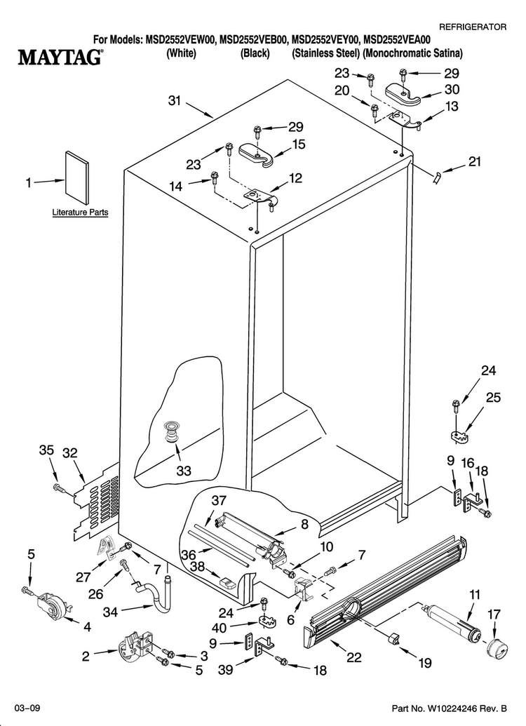 Cabinet Parts Diagram and Parts List for MSD2552VEB00  Maytag Refrigerator