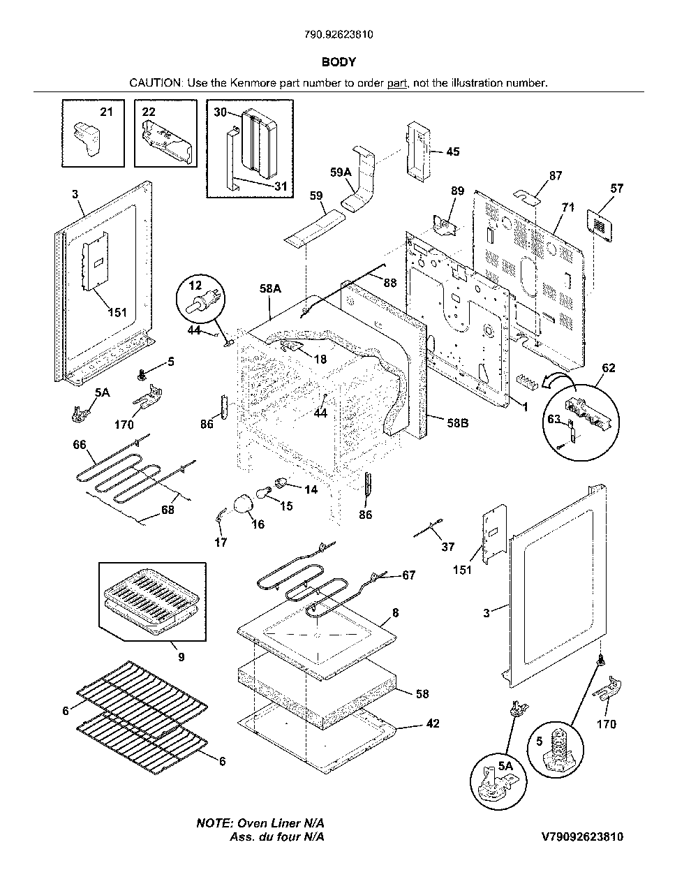 Body Diagram and Parts List for 79092623810  Kenmore Range