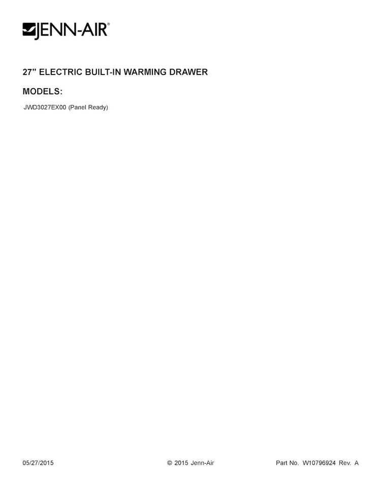 Cover Sheet Diagram and Parts List for JWD3027EX00  Jenn-Air Warming Drawer