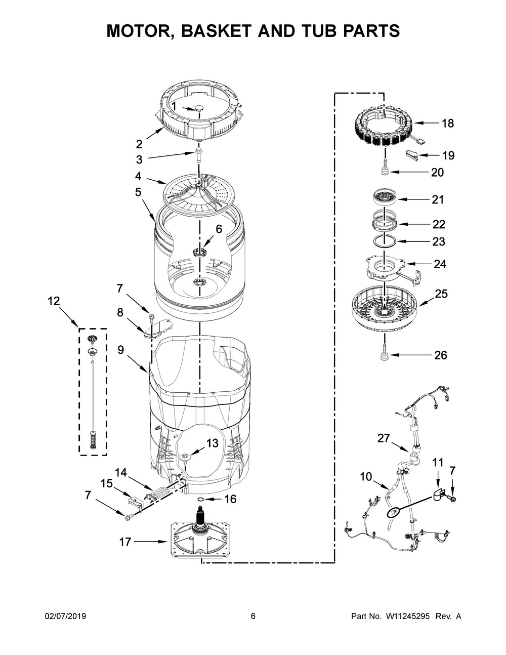 Motor, Basket And Tub Parts Diagram and Parts List for 7MMVWB855EC2  Maytag Washer