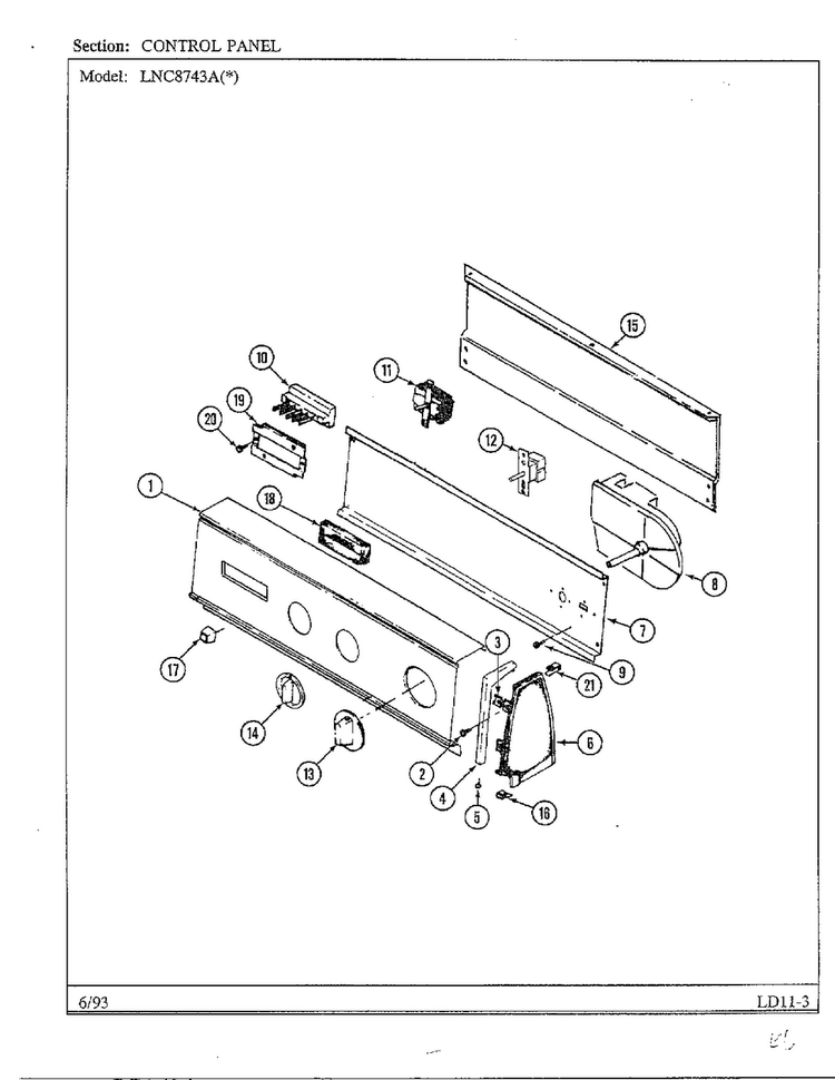Control Panel Diagram and Parts List for 8743A  Norge Dryer