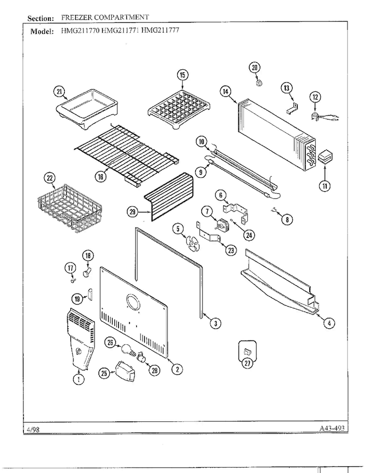 Freezer Compartment Diagram and Parts List for HMG211770  Admiral Refrigerator
