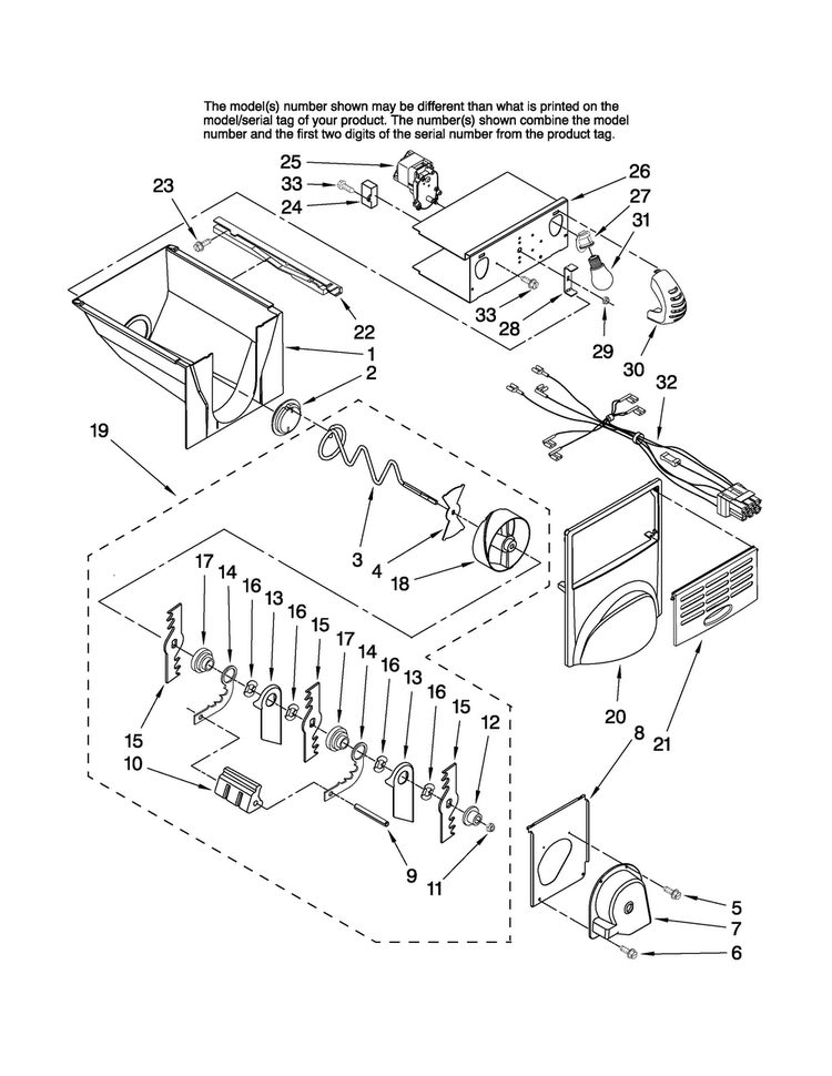 Motor And Ice Container Parts Diagram and Parts List for JS2628HEKB13  Jenn-Air Refrigerator