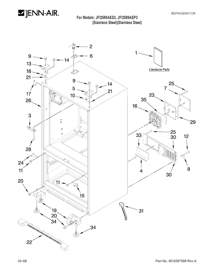 Cabinet Parts Diagram and Parts List for JFI2589AES3  Jenn-Air Refrigerator
