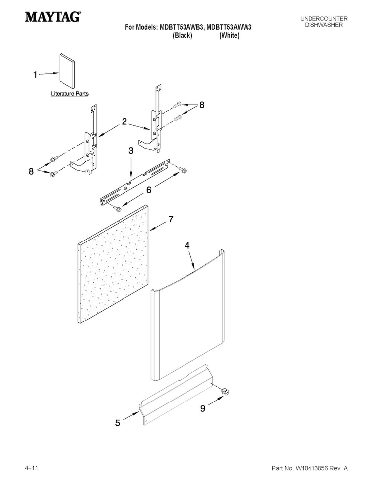 Door And Panel Parts Diagram and Parts List for MDBTT53AWB3  Maytag Dishwasher
