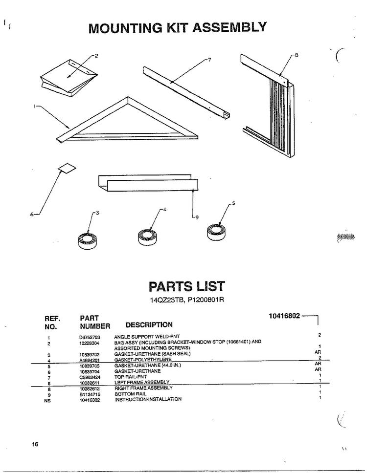 Mounting Kit Diagram and Parts List for P1200801R  Amana Air Conditioner