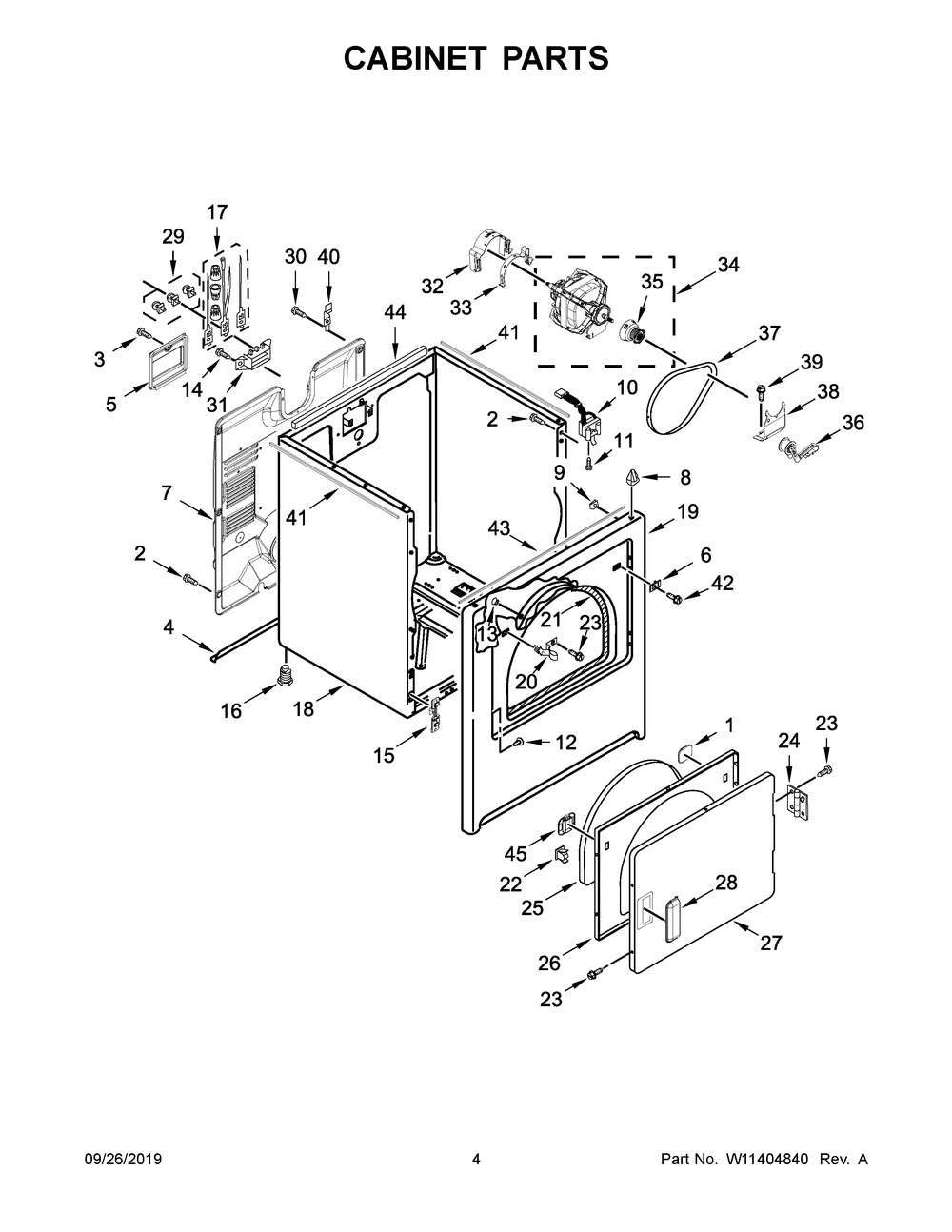 Cabinet Parts Diagram and Parts List for 4KNED3100JW0  Maytag Dryer