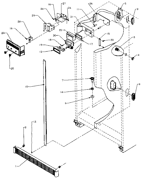 Refrigerator, Freezer Controls And Cabinet Diagram and Parts List for SX25N-P1162704W  Amana Refrigerator