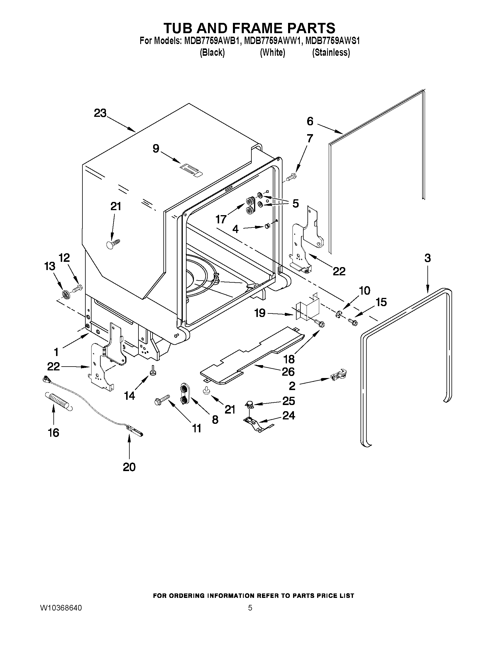 05 - TUB AND FRAME PARTS Diagram and Parts List for MDB7759AWW1  Maytag Dishwasher