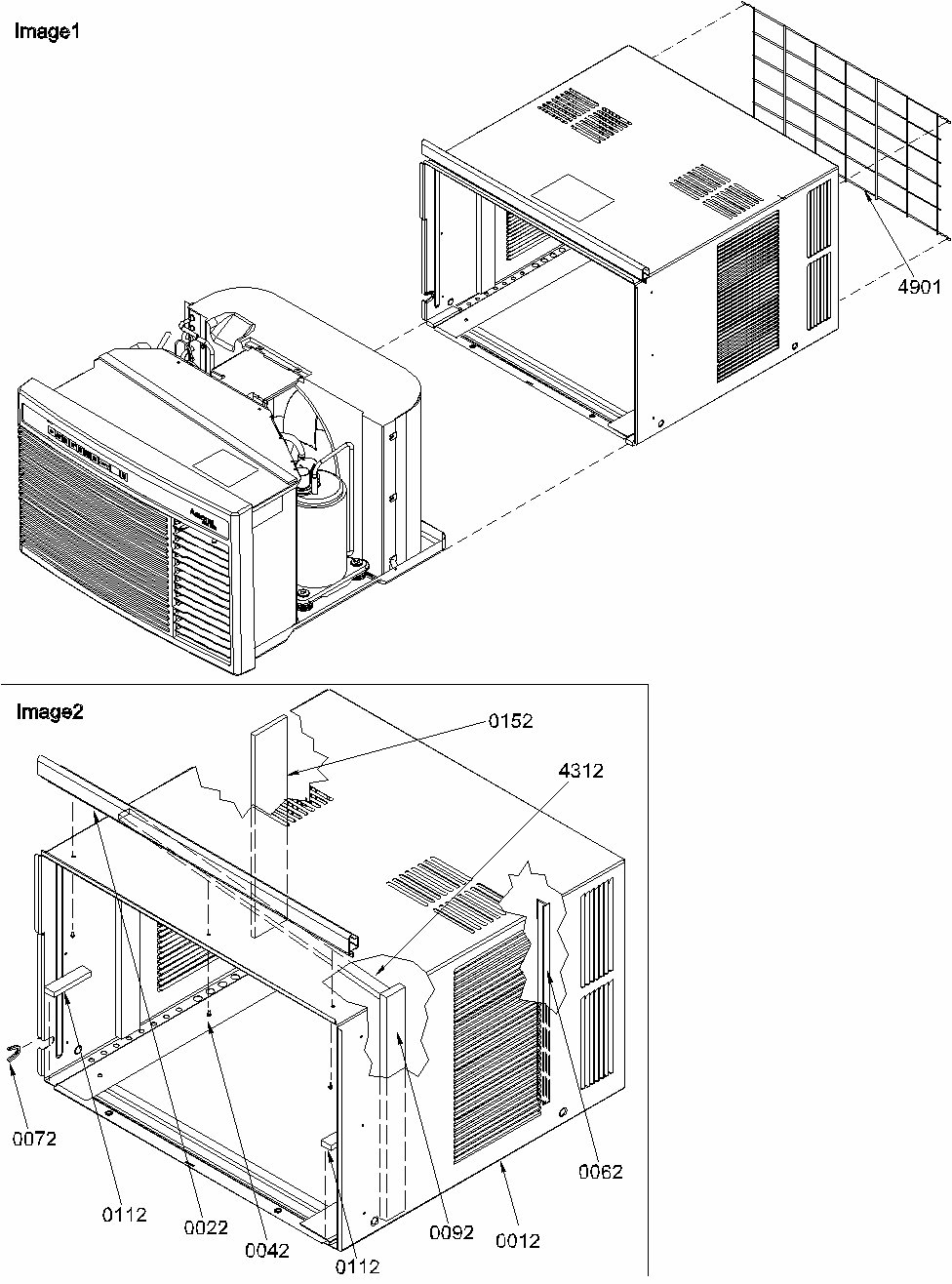 Chassis & Outer Case Assembly Diagram and Parts List for 10M52TB-P1230808R  Amana Air Conditioner
