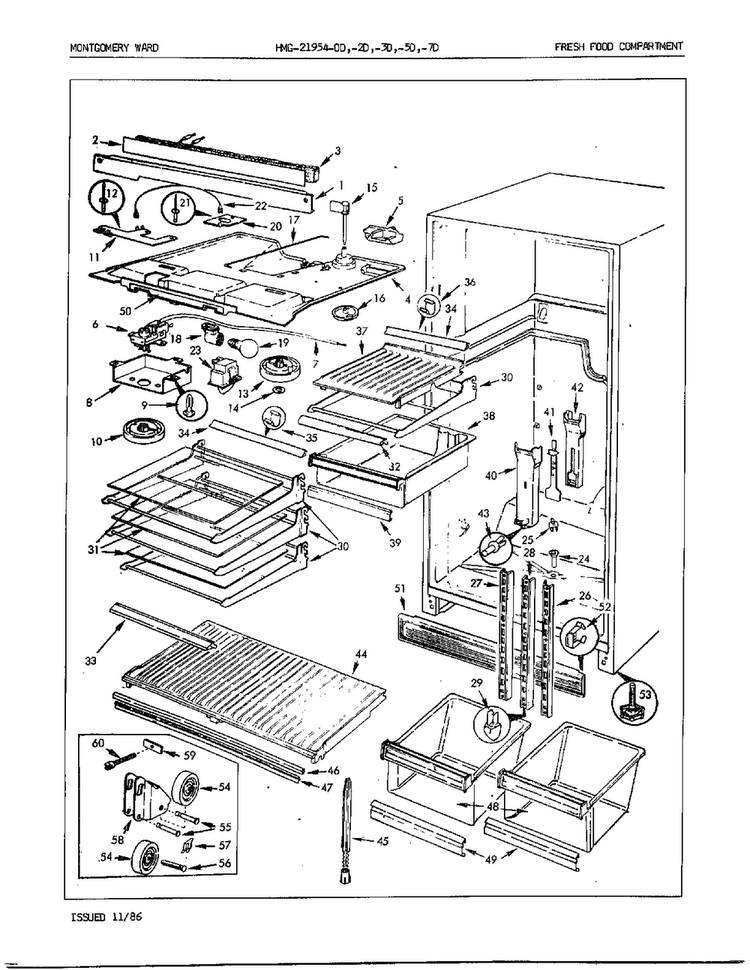 Fresh Food Compartment Diagram and Parts List for 21954A  Admiral Refrigerator