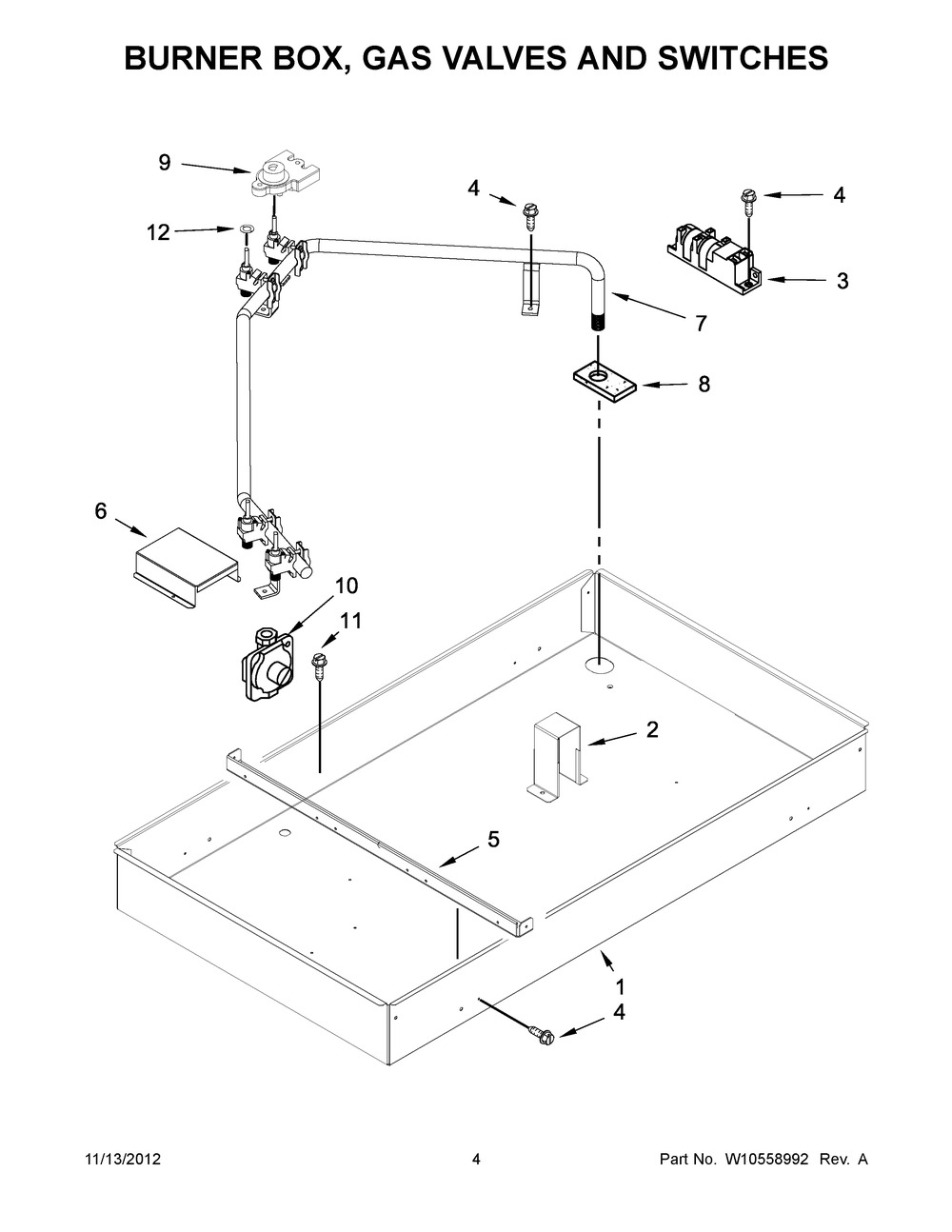 Burner Box, Gas Valves And Switches Diagram and Parts List for JGC9430BDF16  Maytag Cooktop