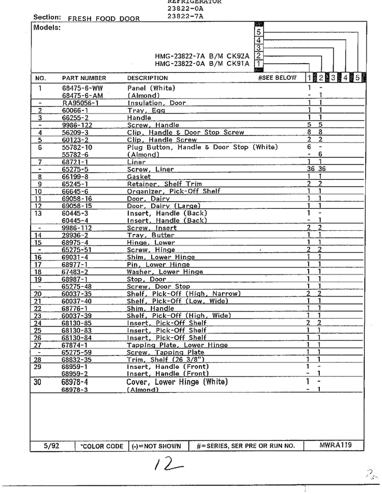 Fresh Food Door Page 2 Diagram and Parts List for 23822-7A  Admiral Refrigerator