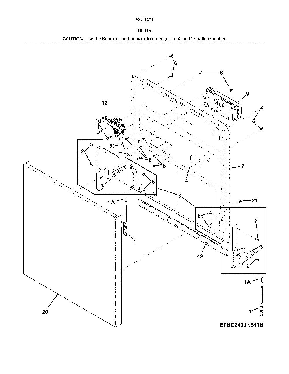 Door Diagram and Parts List for 58714012415B  Kenmore Dishwasher