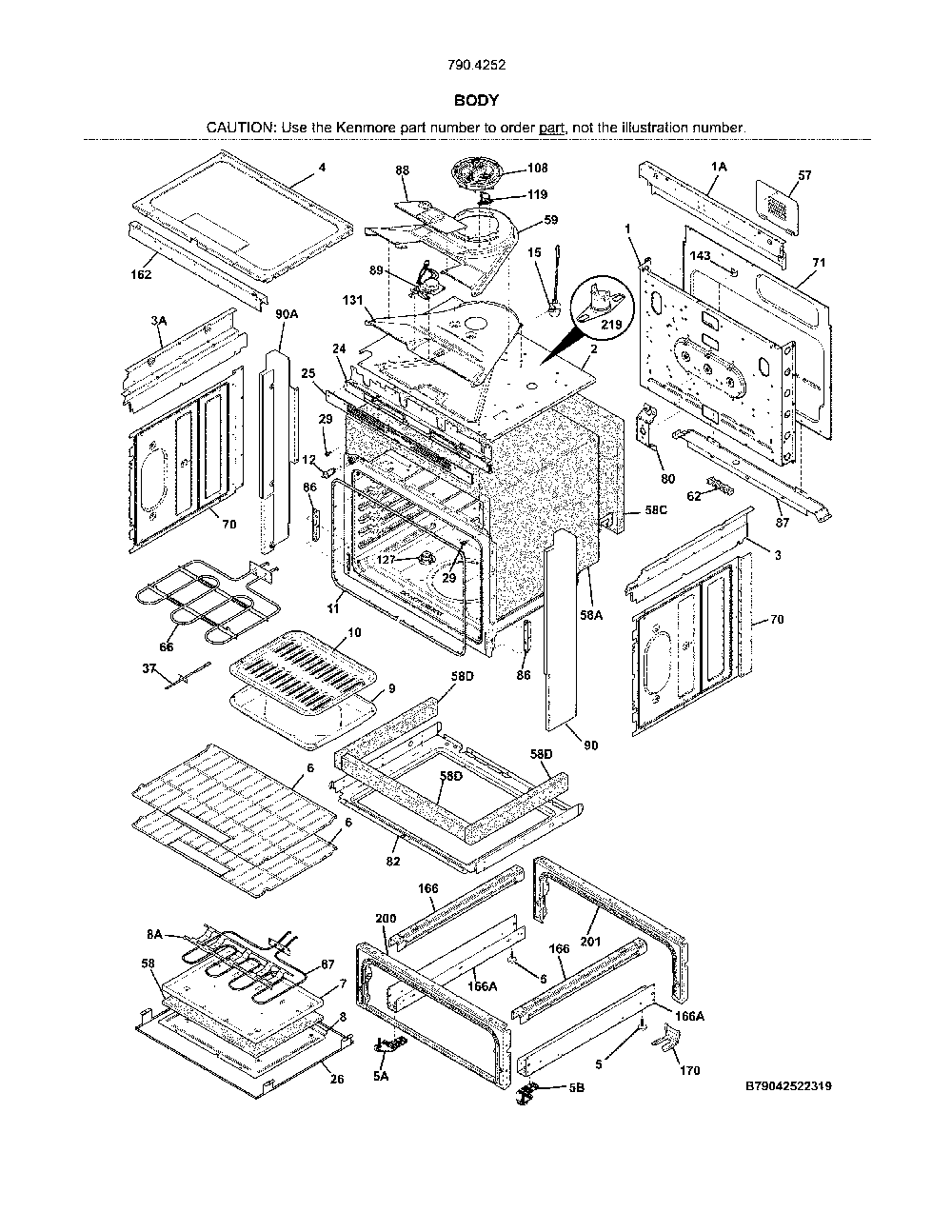 Body Diagram and Parts List for 79042522319  Kenmore Range