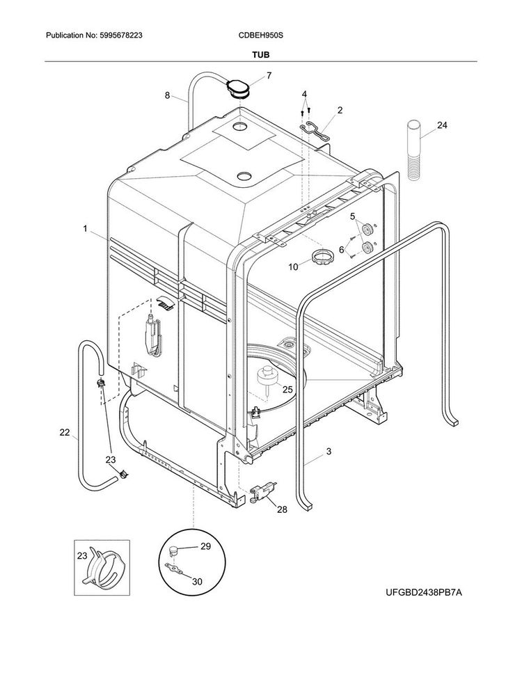 Tub Diagram and Parts List for CDBEH950SW0A  Crosley Dishwasher