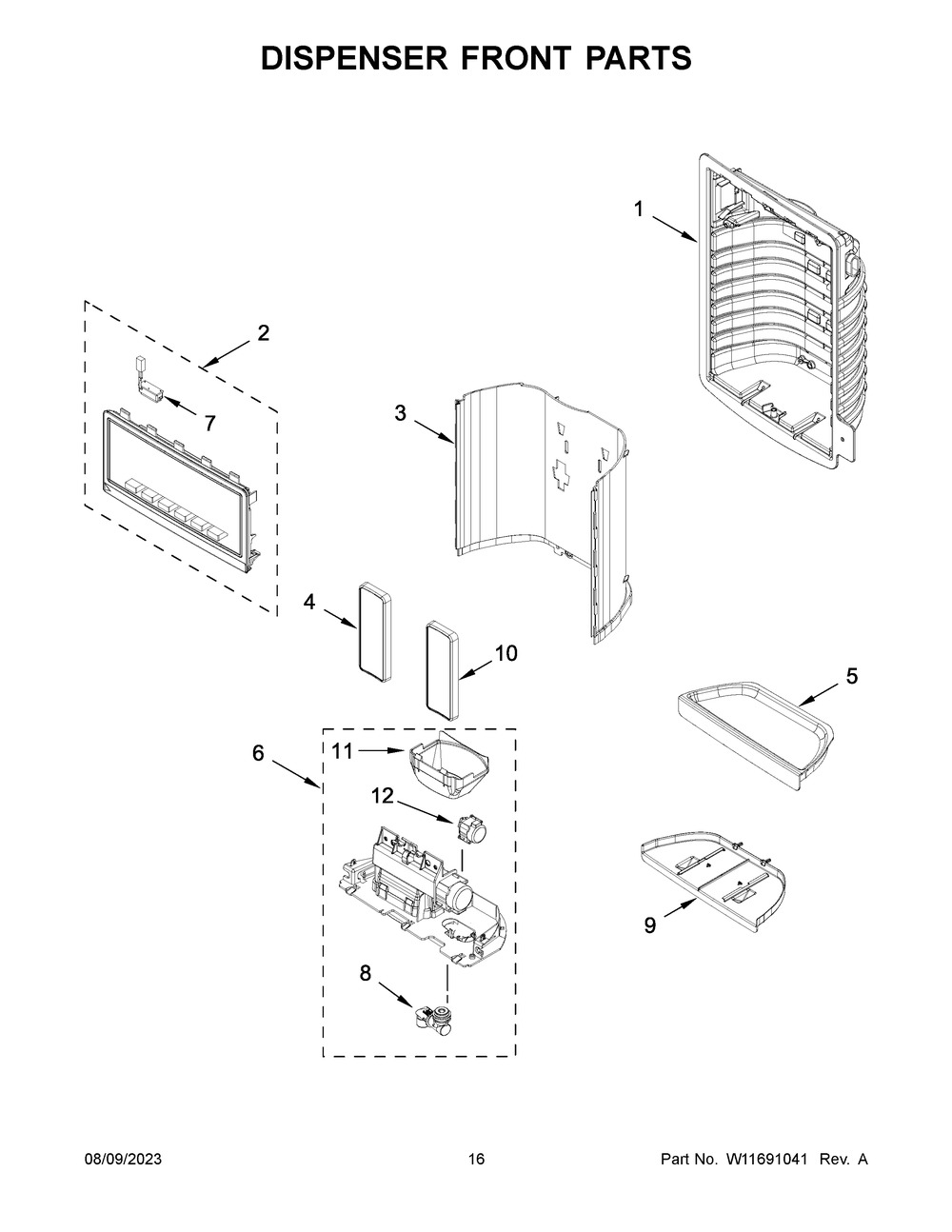 Dispenser Front Parts Diagram and Parts List for MFI2570FEZ14  Maytag Refrigerator