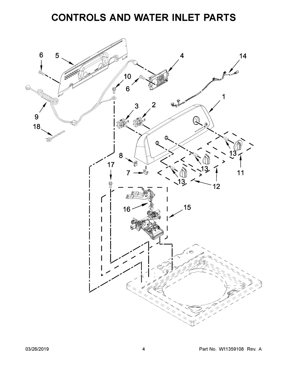 Controls And Water Inlet Parts Diagram and Parts List for ATW4516HW0  Maytag Washer