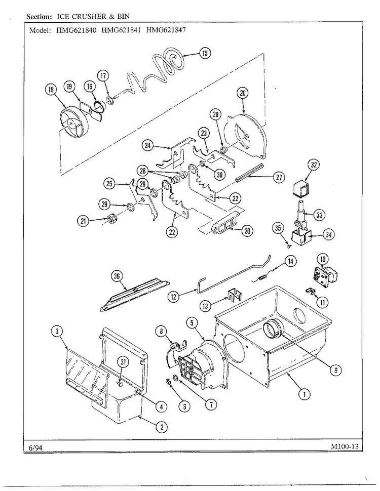 Ice Crusher And Bin Diagram and Parts List for 621841  Admiral Refrigerator