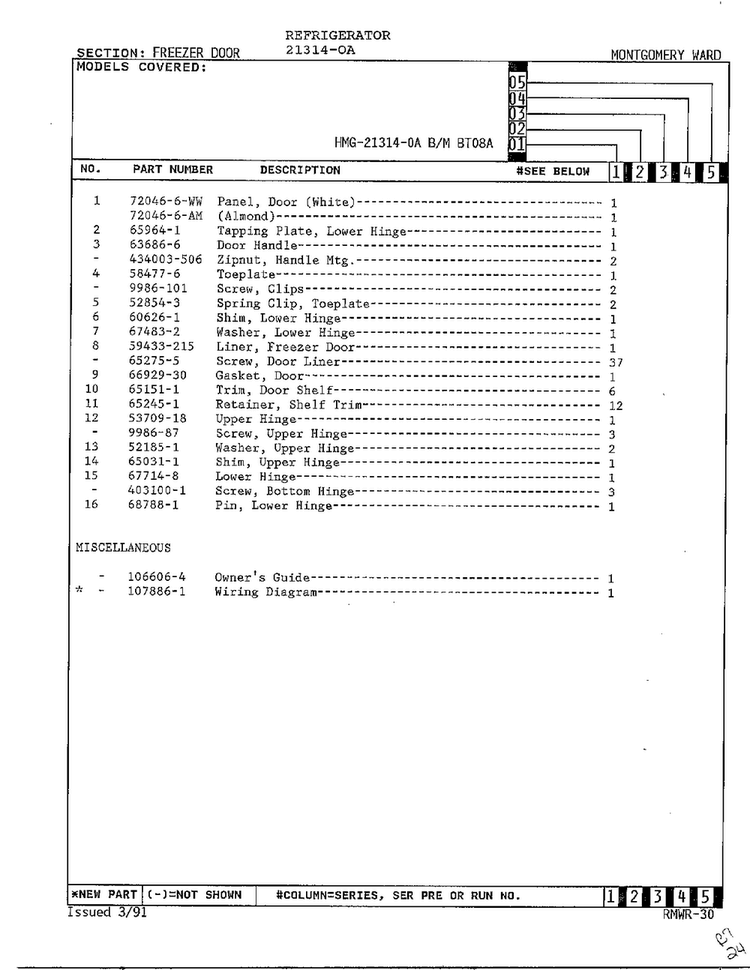 Freezer Door Page 2 Diagram and Parts List for 21314-0A  Admiral Refrigerator