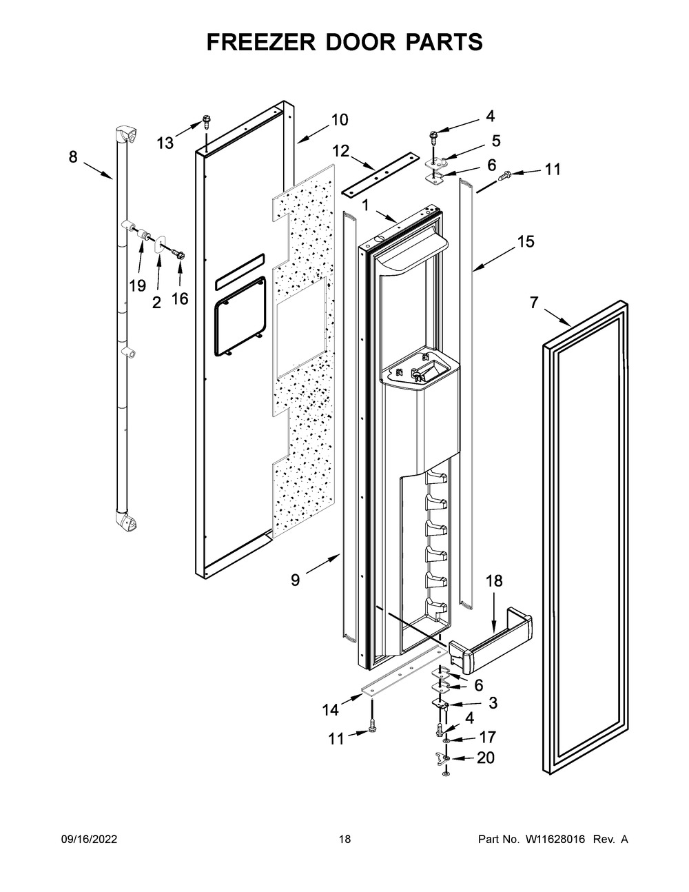 Freezer Door Parts Diagram and Parts List for JBSS42E22L00  Jenn-Air Refrigerator