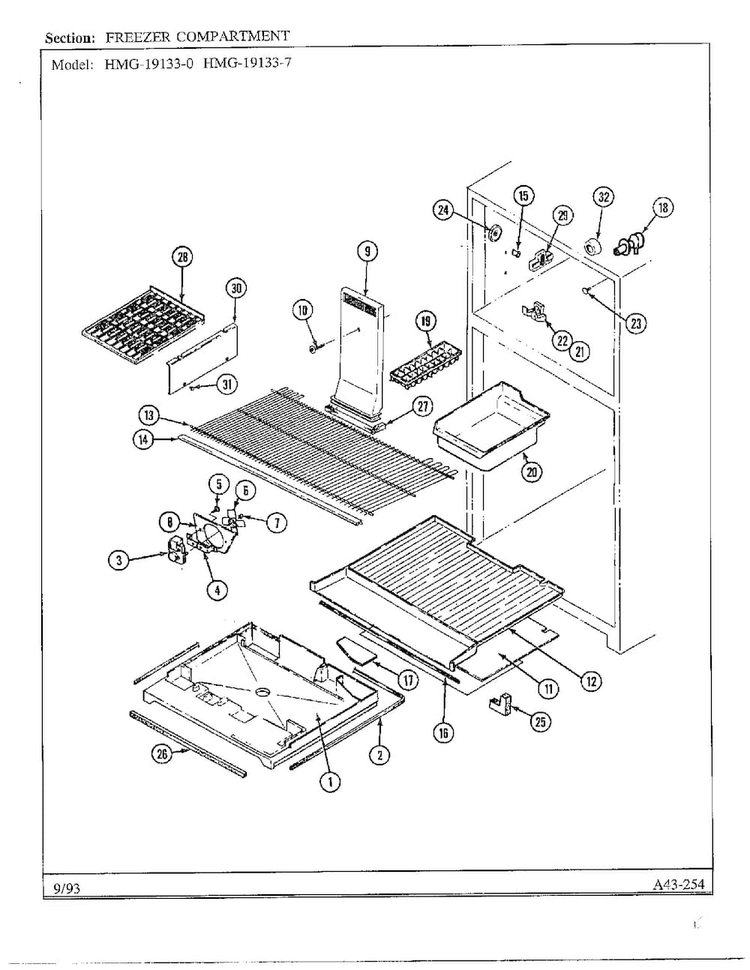 Freezer Compartment Diagram and Parts List for 19133-0A  Admiral Refrigerator