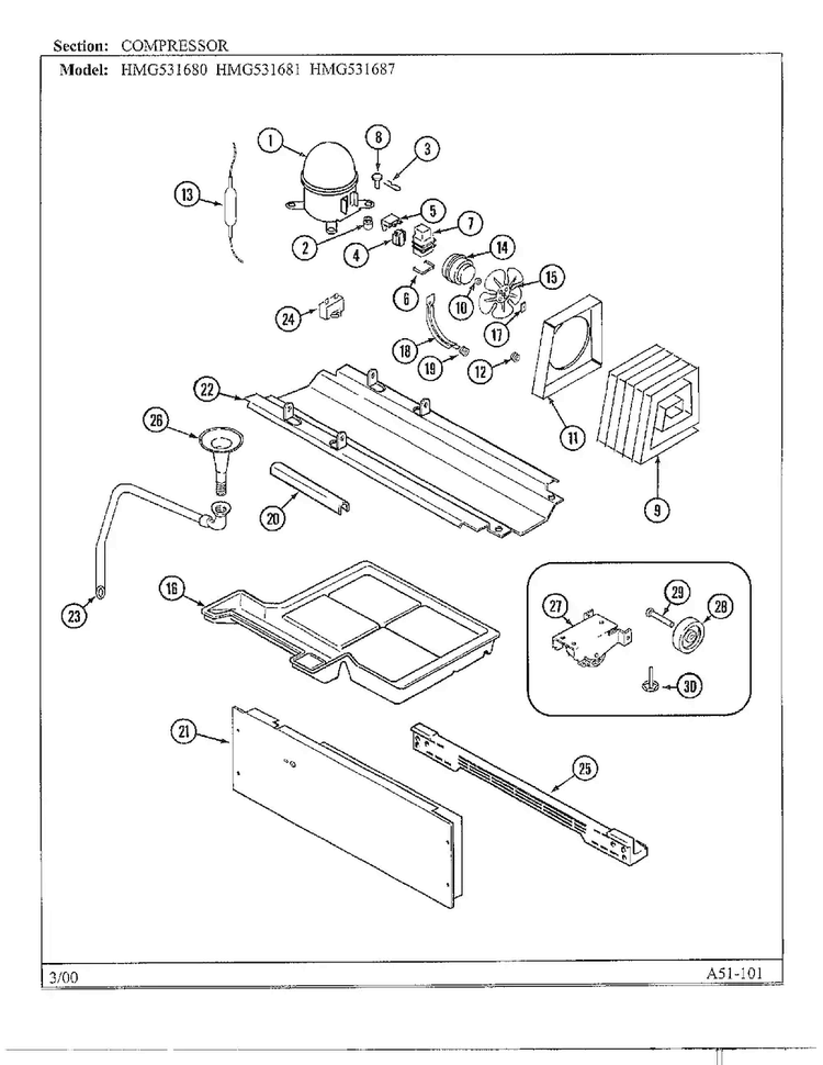 Compressor Diagram and Parts List for HMG531680  Admiral Refrigerator
