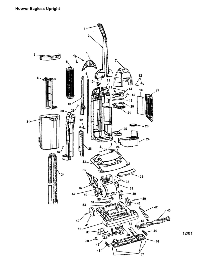 Bagless Upright Diagram and Parts List for U5298-940  Hoover Upright Vacuum