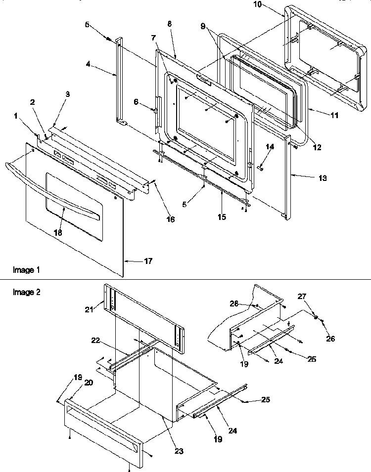 Oven Door And Storage Drawer Diagram and Parts List for ARH6710E-P1143419NE  Amana Range