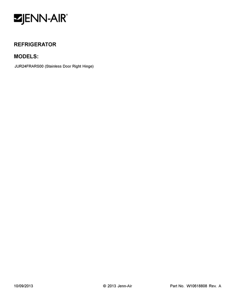 Cover Sheet Diagram and Parts List for JUR24FRARS00  Jenn-Air Refrigerator