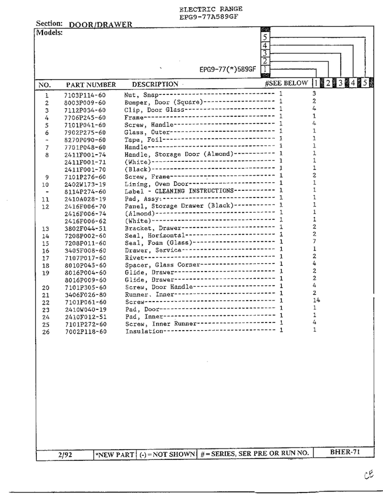 Door/drawer Page 2 Diagram and Parts List for EPG9-77(*)589GF  Hardwick Range