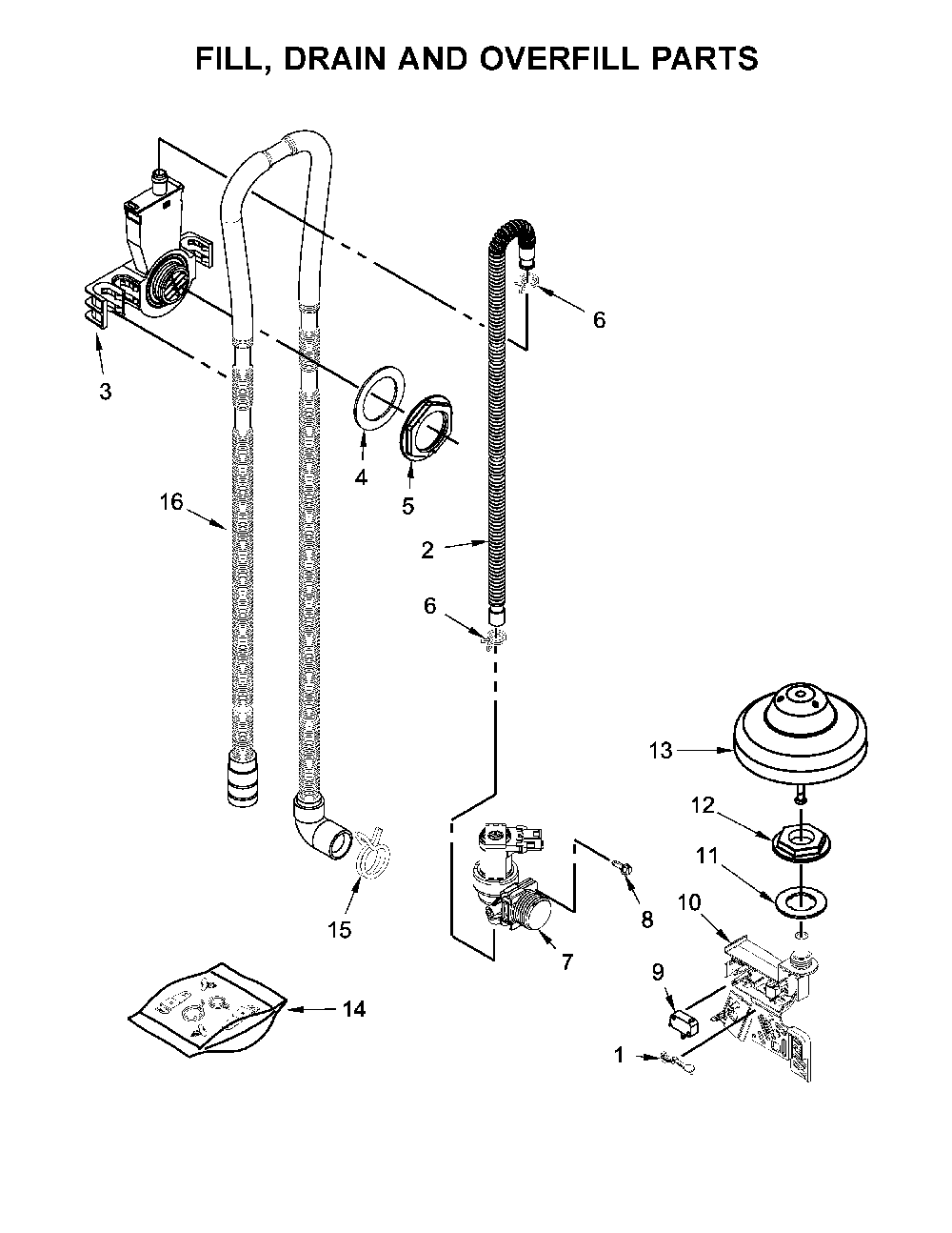Fill, Drain And Overfill Parts Diagram and Parts List for 66512776K315  Kenmore Dishwasher