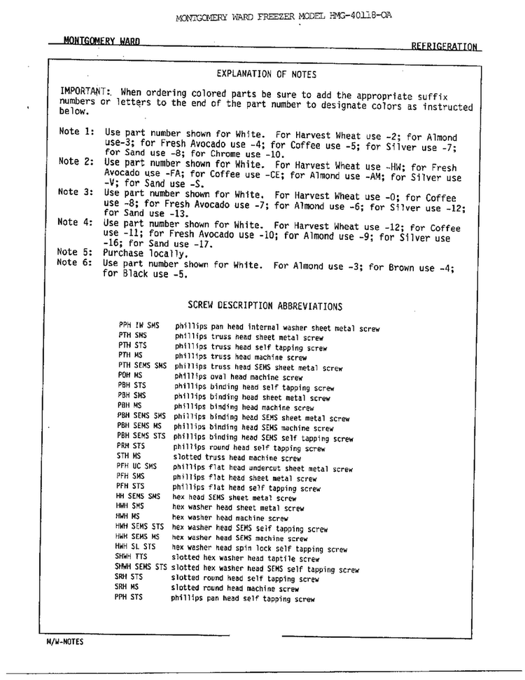 Explanation Of Notes Diagram and Parts List for 40118-OA  Admiral Freezer