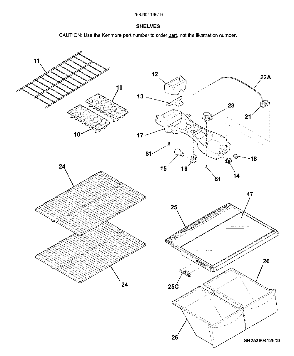 Shelves Diagram and Parts List for 25360419619  Kenmore Refrigerator