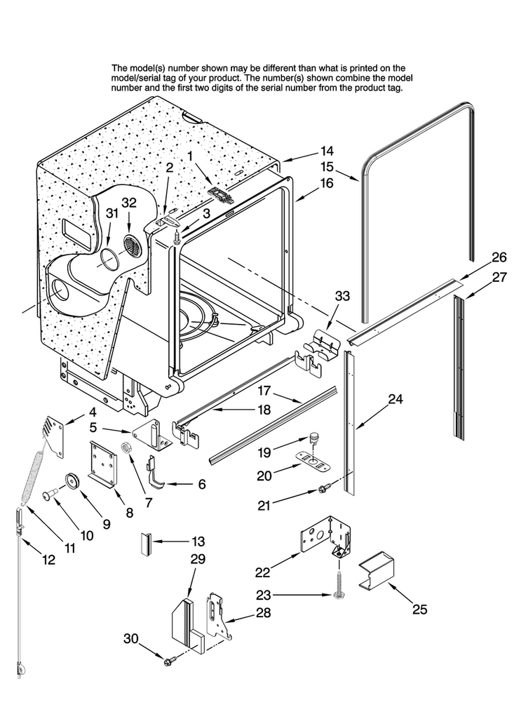 Tub And Frame Parts Diagram and Parts List for JDB1080AWB0  Jenn-Air Dishwasher