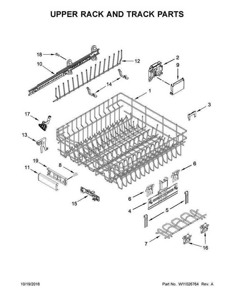 Upper Rack And Track Parts Diagram and Parts List for JDB9000CWP3  Jenn-Air Dishwasher
